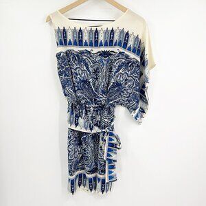 BCBGMAXAZRIA Leia Ivory Blue Print Silk Belted Dress XS Paisley Grecian Party